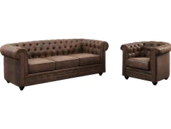 Sofá De 3 Lugares E Cadeirão Chesterfield Em Microfibra Com Aspeto De Pele Envelhecida