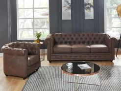 Sofá De 3 Lugares E Cadeirão Chesterfield Em Microfibra Com Aspeto De Pele Envelhecida