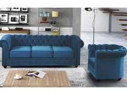 Sofá De 3 Lugares E Cadeirão Chesterfield - Veludo Azul Esverdeado