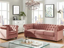 Sofá De 3 Lugares E Cadeirão Chesterfield - Veludo Rosa Pastel