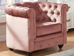 Sofá De 3 Lugares E Cadeirão Chesterfield - Veludo Rosa Pastel
