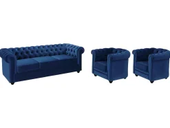 Sofá De 3 Lugares E 2 Cadeiroes Chesterfield - Veludo Azul Real