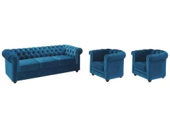 Sofá De 3 Lugares E 2 Cadeiroes Chesterfield - Veludo Azul Esverdeado