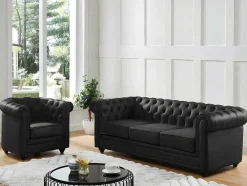 Sofá De 3 Lugares Em Pele De Bufalo - Preto - Chesterfield
