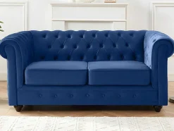 Sofá De 3+2 Lugares Em Veludo Cor Azul Real - Chesterfield