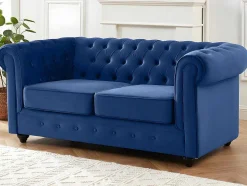 Sofá De 3+2 Lugares Em Veludo Cor Azul Real - Chesterfield