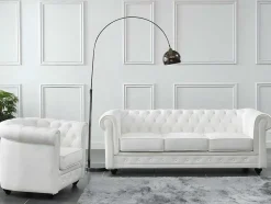 Sofá De 3 Lugares E Poltrona Em Pele De Bufalo - Branco - Chesterfield