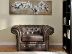 Sofá E Cadeirão Em Couro Envelhecido Estilo Chesterfield 100% - Clotaire