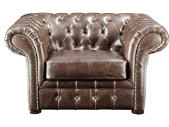 Sofá E Cadeirão Em Couro Envelhecido Estilo Chesterfield 100% - Clotaire