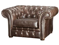 Sofá E Cadeirão Em Couro Envelhecido Estilo Chesterfield 100% - Clotaire