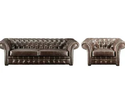 Sofá E Cadeirão Em Couro Envelhecido Estilo Chesterfield 100% - Clotaire