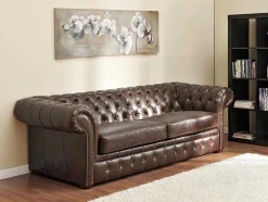 Sofá E Cadeirão Em Couro Envelhecido Estilo Chesterfield 100% - Clotaire