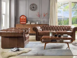 Sofá E Cadeirão Em Couro Envelhecido Estilo Chesterfield 100% - Clotaire
