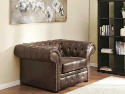 Sofá E Cadeirão Em Couro Envelhecido Estilo Chesterfield 100% - Clotaire