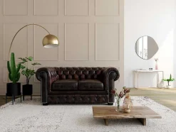 Sofá 2 Lugares 100% Pele De Bufalo Castanho Com Reflexos Castanhos Estilo Chesterfield - Brenton