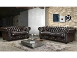Sofá 3+2 Lugares 100% Pele De Bufalo Castanho Reflexos Castanhos Estilo Chesterfield - Brenton
