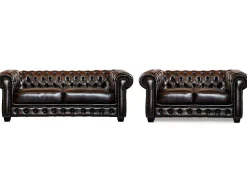 Sofá 3+2 Lugares 100% Pele De Bufalo Castanho Reflexos Castanhos Estilo Chesterfield - Brenton