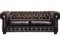 Sofá 3 Lugares 100% Pele De Bufalo Castanho Com Reflexos Castanhos Estilo Chesterfield - Brenton