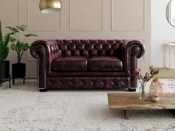 Sofá 2 Lugares 100% Pele De Bufalo Cereja Estilo Chesterfield - Brenton