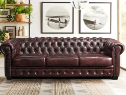 Sofá 4 Lugares 100% Pele Vermelho Estilo Chesterfield - Brenton