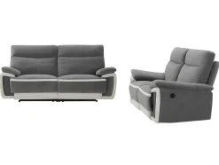 Sofás De 3+2 Lugares Articulados Eletricos Em Veludo - Cinza E Faixas Branco Cru - Metti