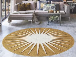 Tapete Redondo Sol Com Relevos D200 Cm, Amarelo Mostarda E Branco - Luminio