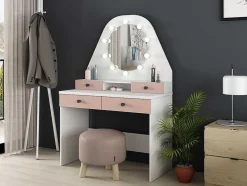 Toucador Gabriela - Espelho Com Leds E Arrumação - Branco E Rosa
