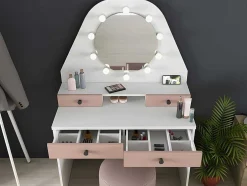 Toucador Gabriela - Espelho Com Leds E Arrumação - Branco E Rosa
